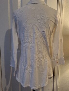 Caite "Amara" White Monochromatic Embroidered "Amara" Button-Down Shirt
